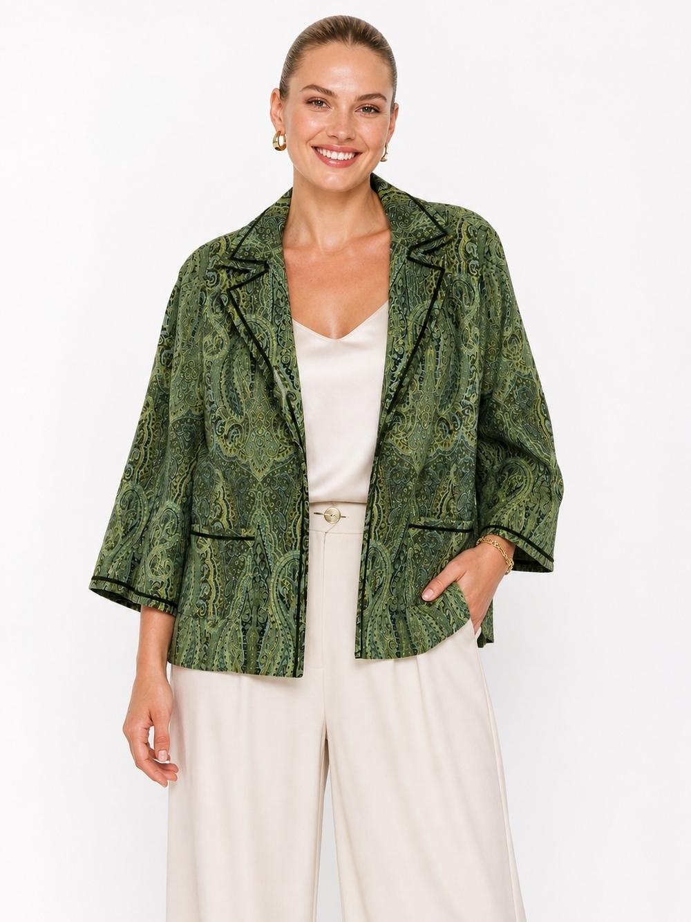 Green Paisley Open-Front Blazer Jacket. Size 16.